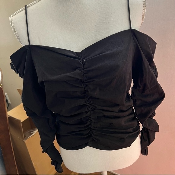 ZARA Fitted Draped Top Rouched Long Sleeve Black - Picture 6 of 15